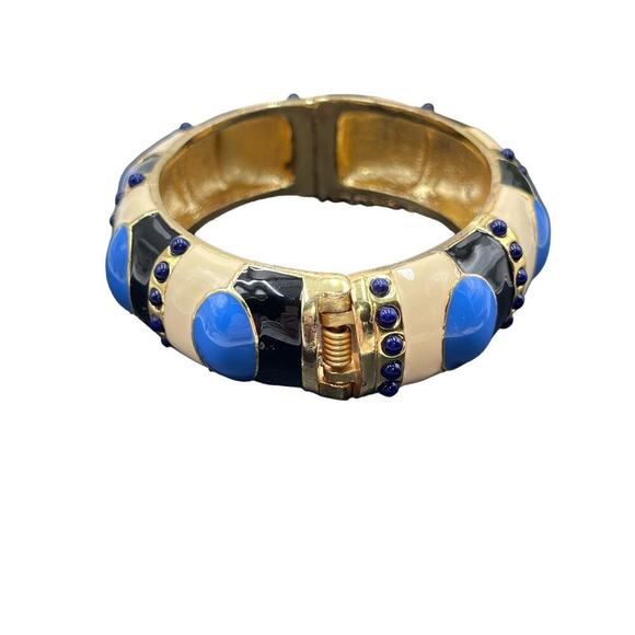 J. Crew Blue Enamel Tan Gold Tone Hinged Safety Chain Bangle Bracelet - Picture 4 of 15